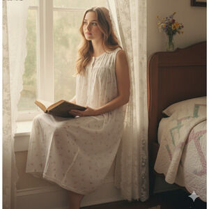 Vintage Mamary Cotton Floral Nightgown Sleeveless White Pink Flowers Size S